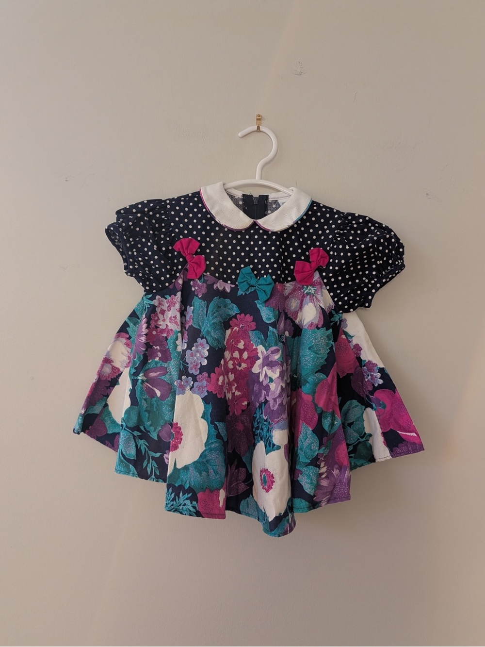 Bryan Baby Girls Navy Floral Dress Polka Dot Bodice Bow Applique 24M